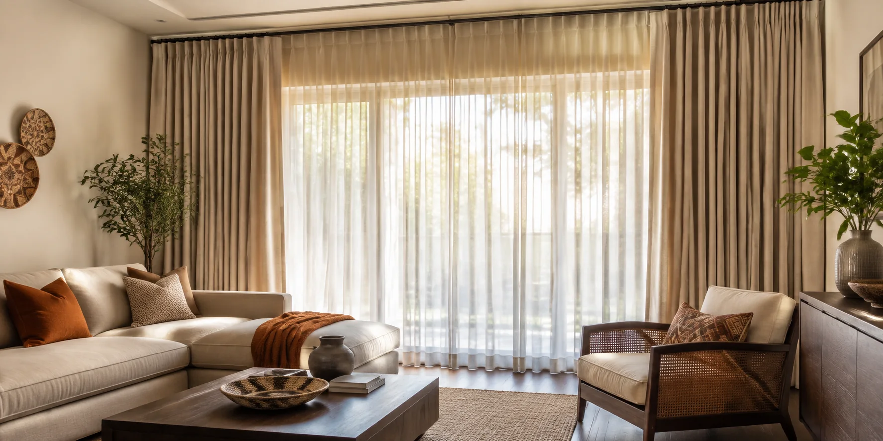 Layered sheer and taupe curtains in a warm contemporary Nairobi living room