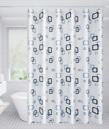 White shower curtain with black, grey and blue outlined squares
