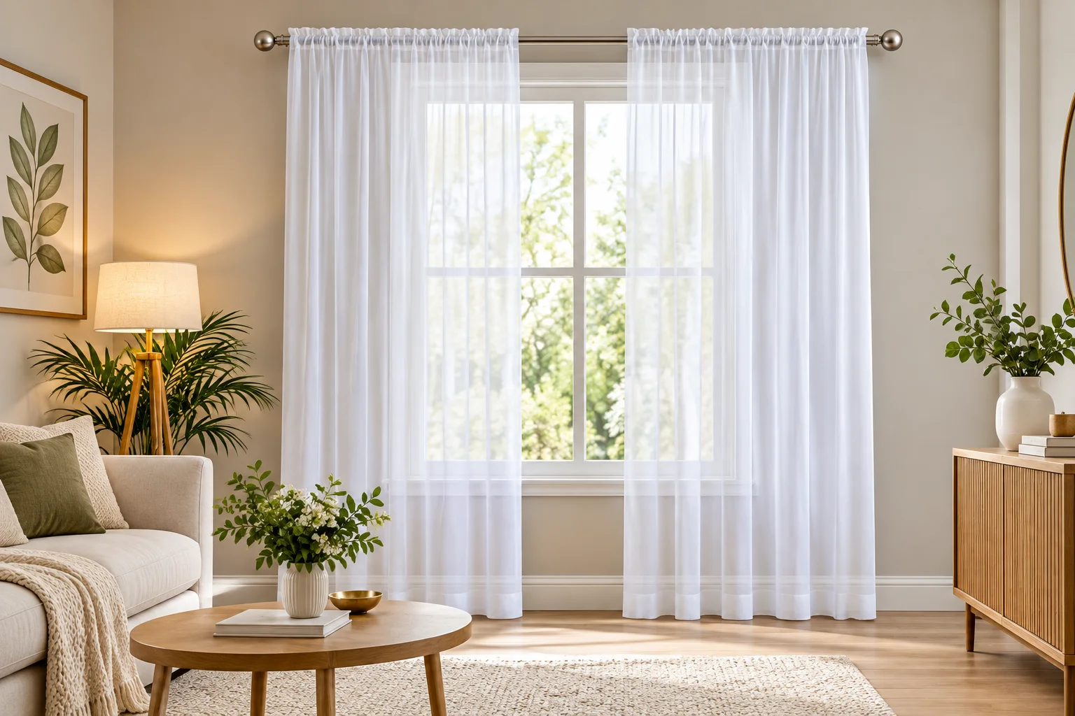 Plain white sheer curtains filtering daylight at a living room window