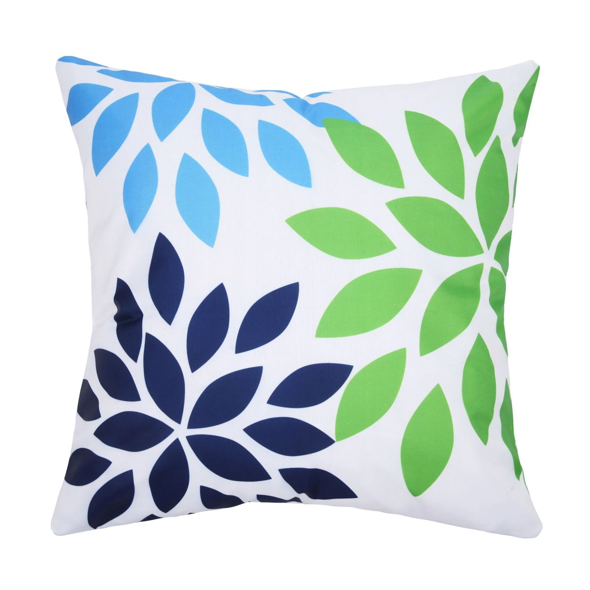 White throw pillow with blue navy and green floral petal patterns