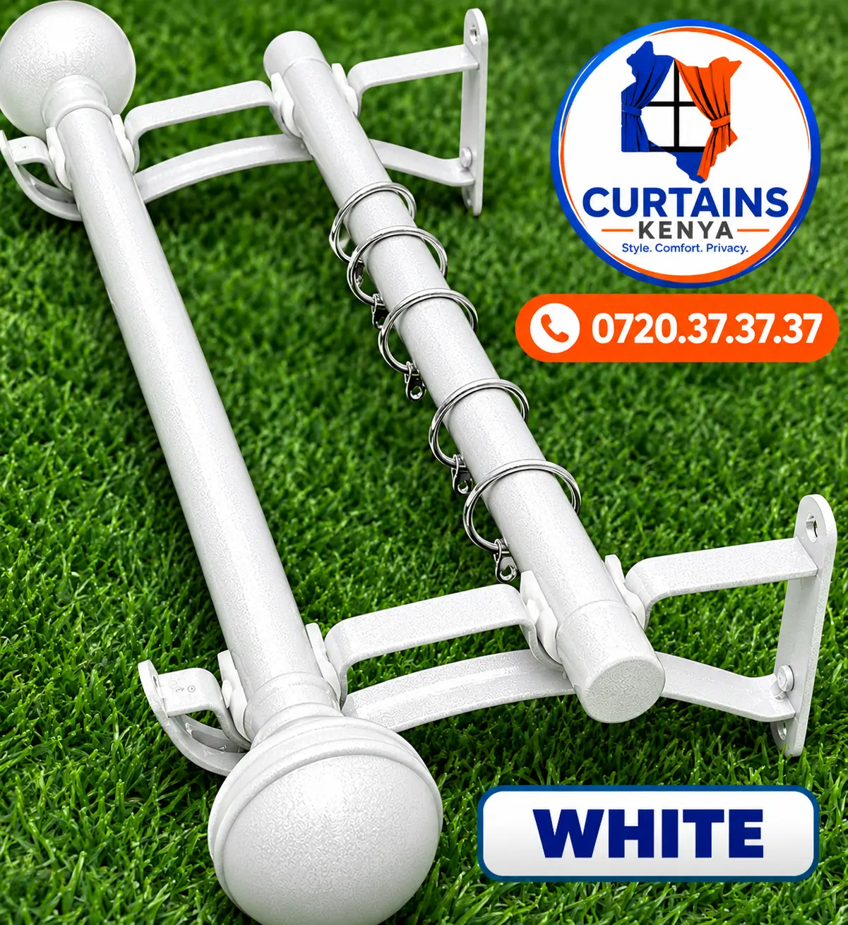 White Jua Kali double curtain rod set with brackets, rings and round finials in Kenya