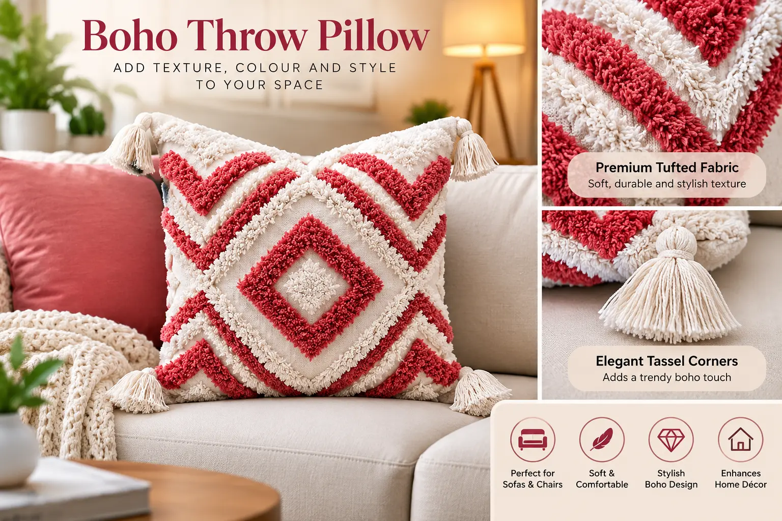 Red and cream boho tufted throw pillow with tassels in Kenya Image Title: