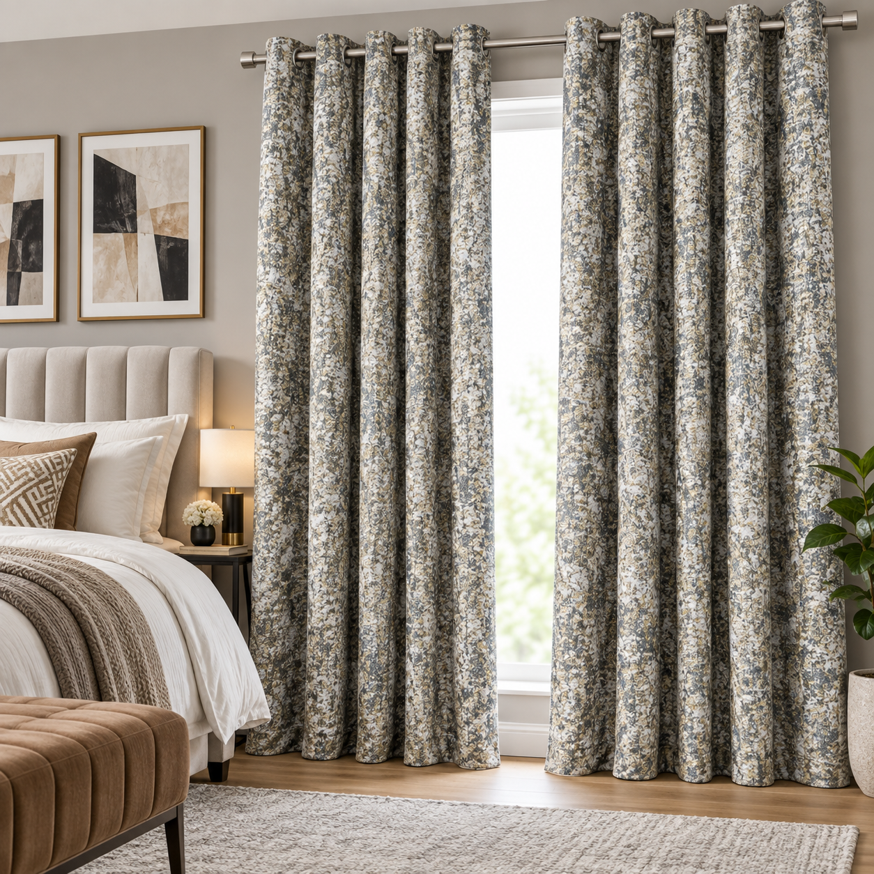 Grey and beige blackout curtains in a modern living room