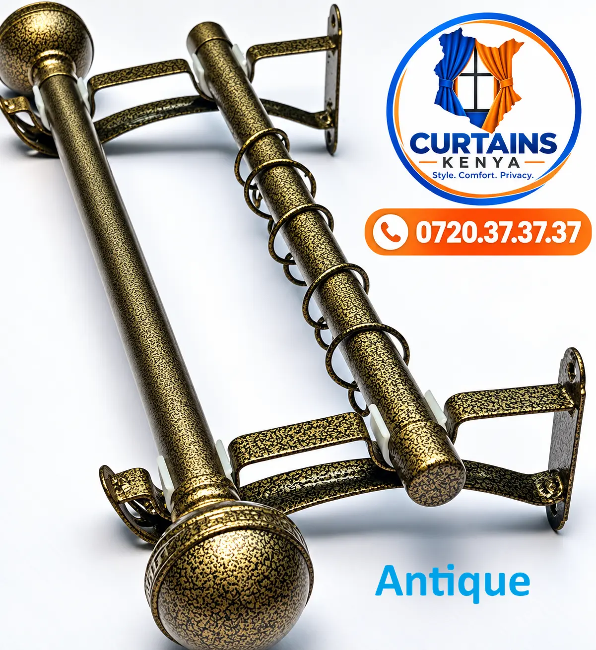 Antique gold-tone double curtain rods with textured finish, round finials, rings and wall brackets