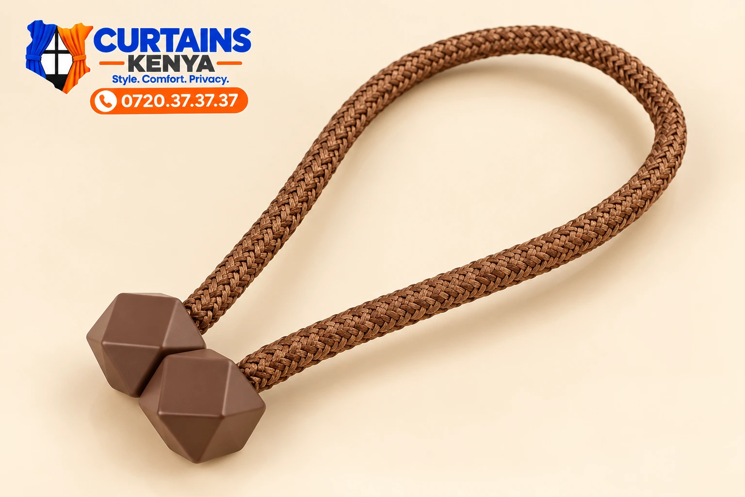 Chocolate brown magnetic curtain holder with a braided cord and two faceted brown decorative ends.