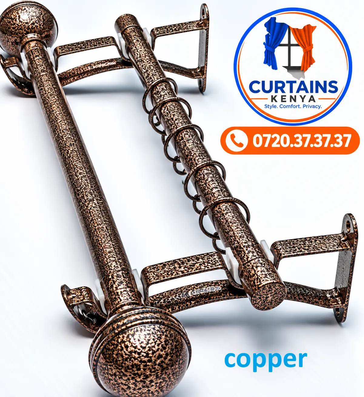 Speckled copper-tone double curtain rods with round finials, rings and wall brackets