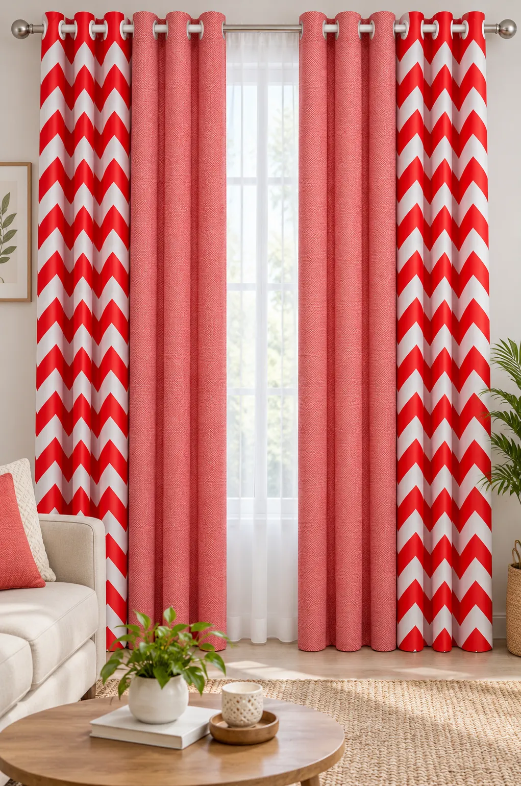 Red and coral chevron mix-and-match eyelet curtains in living room
