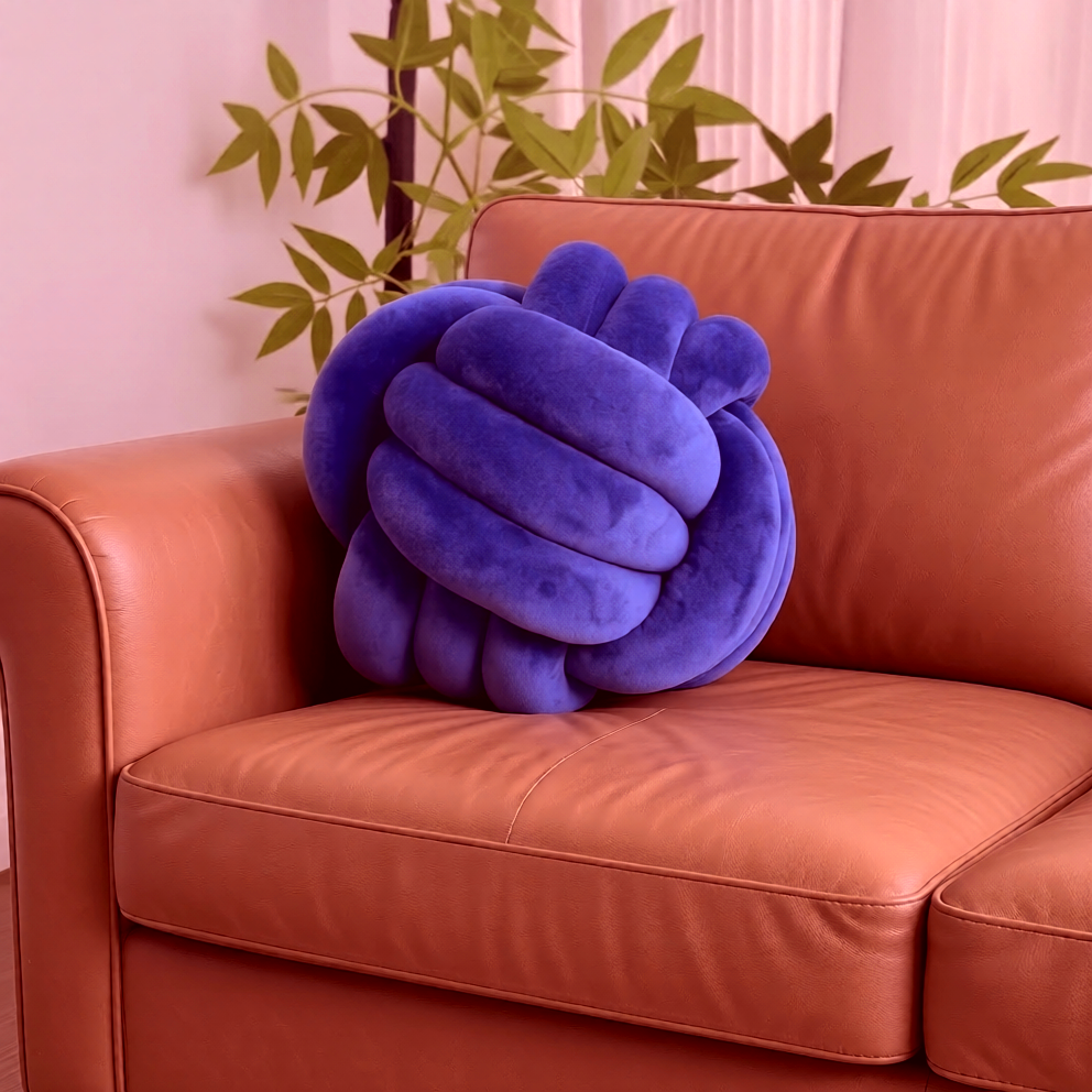 Purple infinity knot throw pillow on sofa