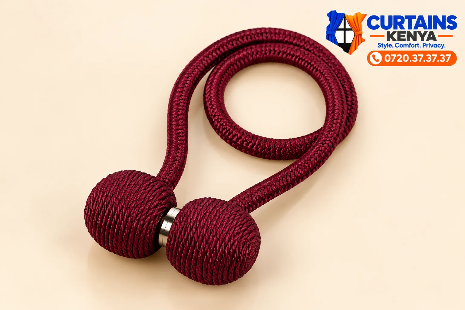 Maroon magnetic curtain holder with braided cord, round woven ends and a silver-tone magnetic clasp.