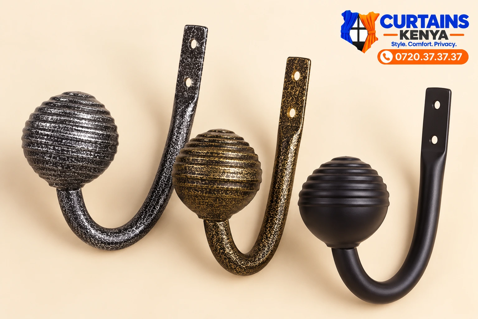 Jua Kali wall-mounted curtain holders with curved arms and ribbed ball ends in black, silver-speckled and gold-speckled finishes.
