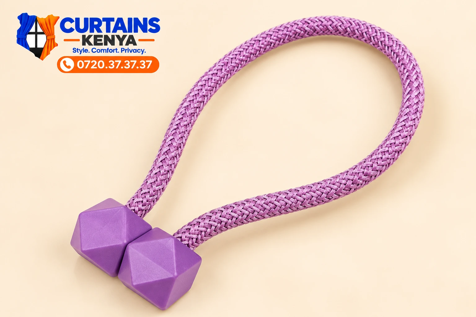 Purple magnetic curtain holder with a lavender braided cord and two faceted purple decorative ends.