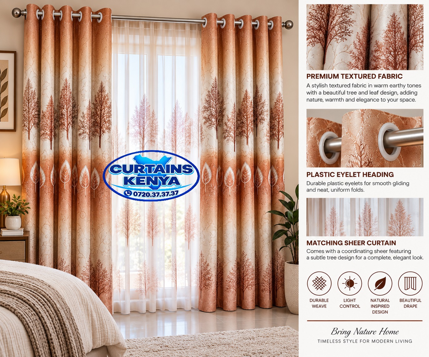 Warm rust and cream tree print curtains with matching sheer in Kenya